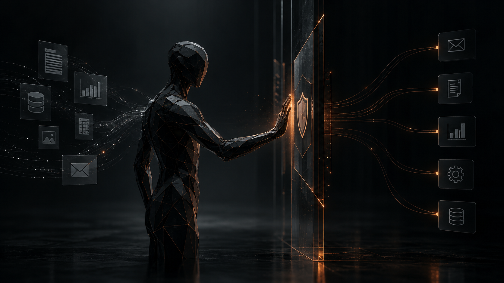 Faceless AI figure interacting with a controlled security barrier separating information analysis from authorised business actions.
