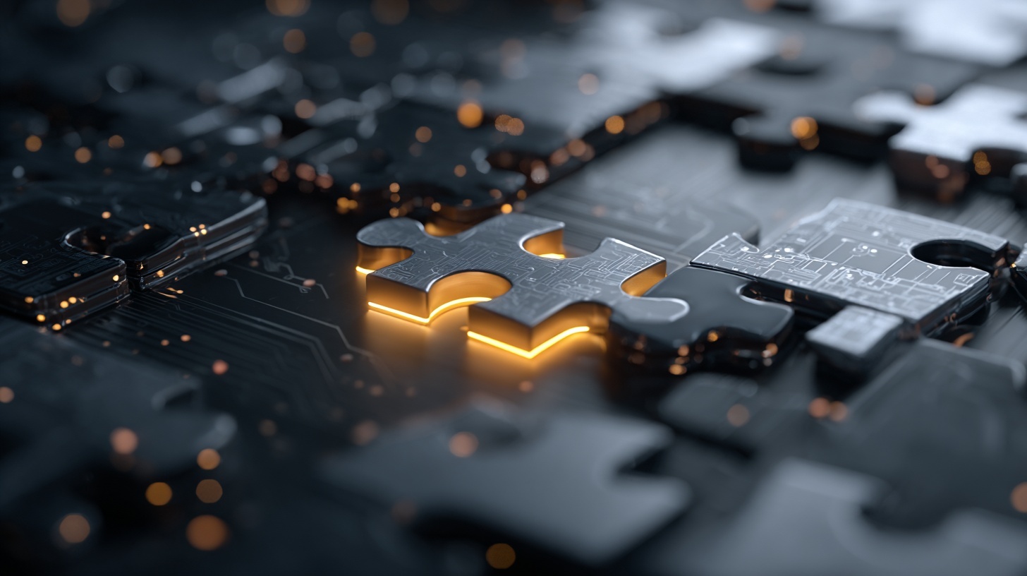 A dark graphite jigsaw puzzle with one glowing orange piece being fitted into place, symbolising an AI solution that fits a business workflow rather than forcing the business to adapt around the technology.