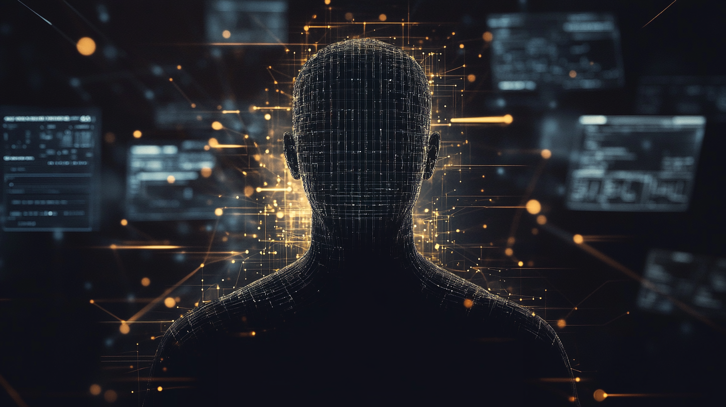 Abstract human-shaped presence representing AI leadership