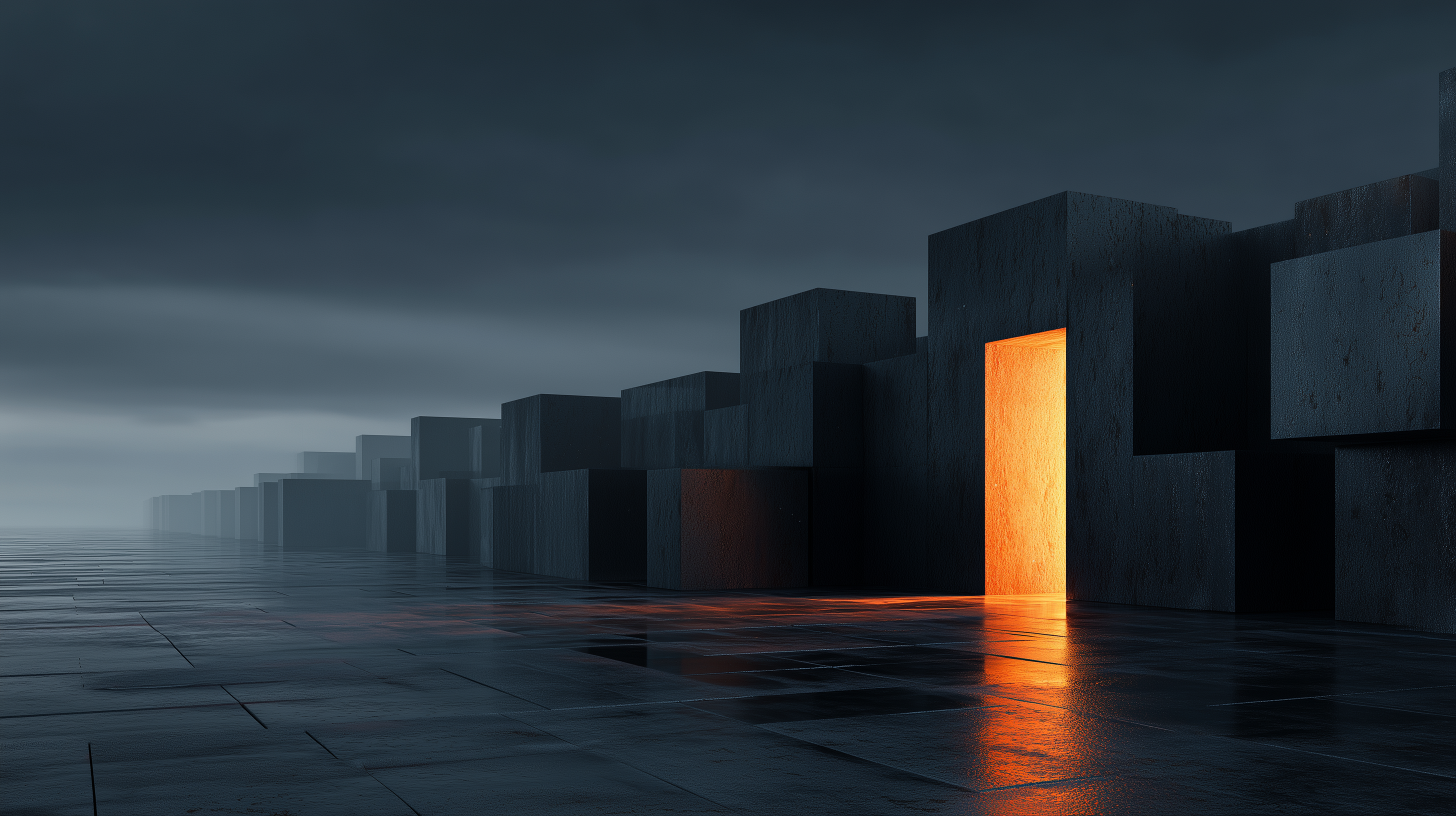 Dark architectural scene with many possible doorways and one illuminated path