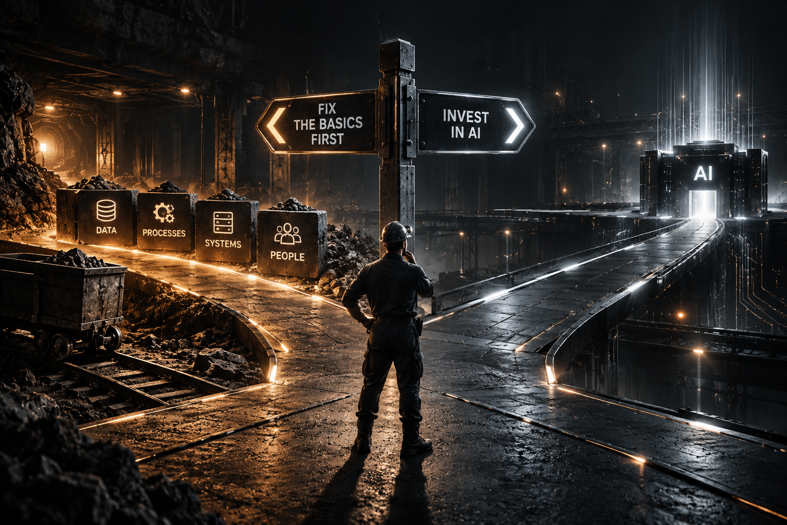 Industrial crossroads illustrating the choice between improving business processes and investing in artificial intelligence.